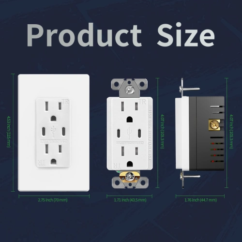 Dimensional drawing of a 5.0A dual USB-C receptacle for electrical box fit reference
