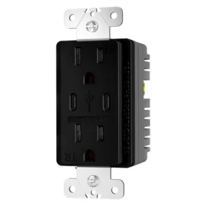 Black tamper resistant dual USB-C wall outlet for indoor installations