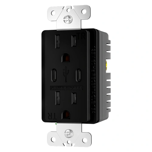 Black tamper resistant dual USB-C wall outlet for indoor installations