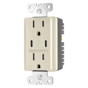 Light almond two port USB-C wall outlet with 5V 3.6A max output