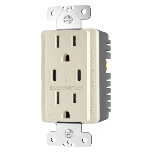 Light almond two port USB-C wall outlet with 5V 3.6A max output