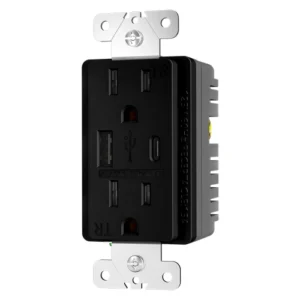Black combination USB A/C wall outlet for indoor wall installations