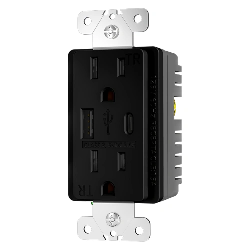 Black combination USB A/C wall outlet for indoor wall installations