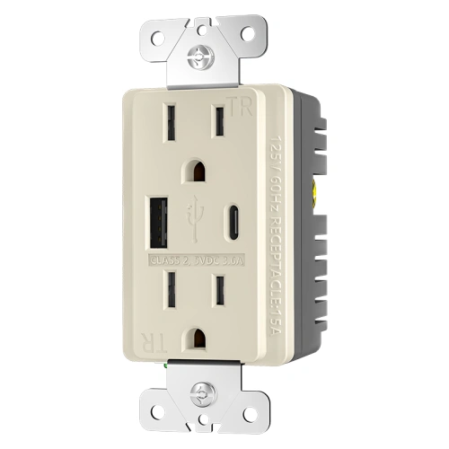 Light almond 15A USB-A and USB-C outlet for residential and hospitality use