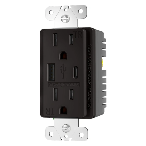 Brown combination USB charging outlet with one USB-A and one USB-C port