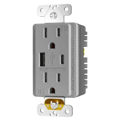 Grey high output combination USB receptacle for indoor public and commercial spaces