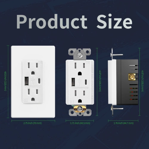 Dimensional drawing of a 5.0A combination USB receptacle for electrical box fit reference