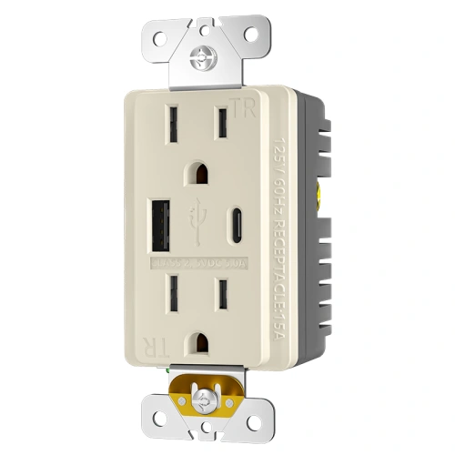 Light almond 15A 5V 5.0A Type A/C wall outlet with tamper resistant shutters