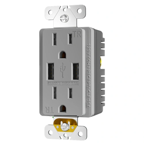 Grey high output USB receptacle for public and commercial indoor spaces