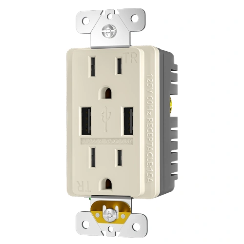 Light almond 5V 5.0A dual USB wall outlet with tamper resistant shutters