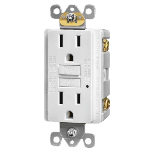 Front view of white 15A self-test GFCI receptacle showing open non-TR slots and test buttons