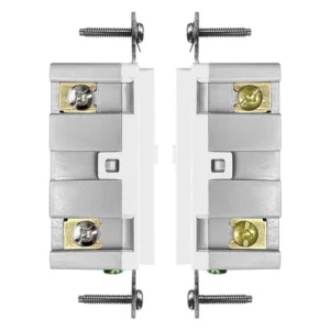 Side profile of commercial 20 amp outdoor GFCI outlet with terminal area and mounting structure