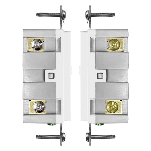 Side profile of commercial 20 amp TR GFCI outlet with terminal area and mounting strap