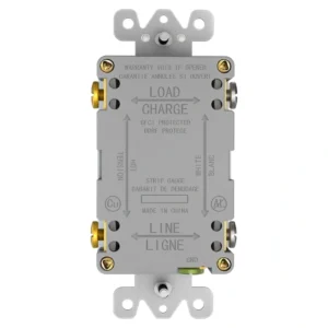 Back view of 20A self-test GFCI showing grounding screw and strip gauge markings