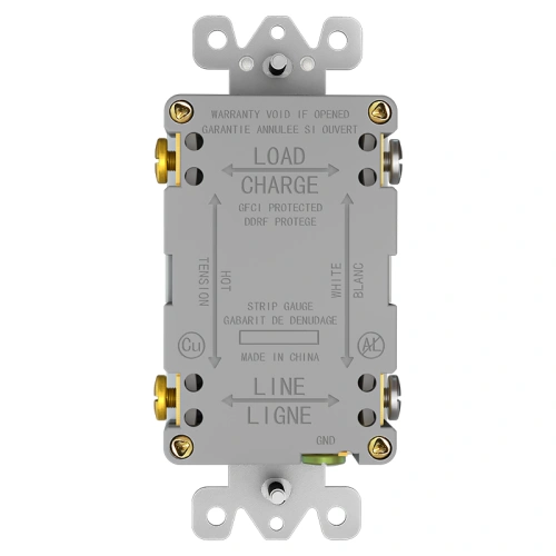 Back view of non-TR 20A GFCI with grounding point and strip gauge markings