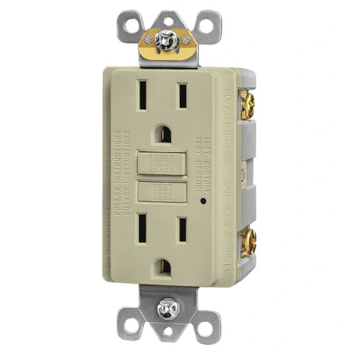 Light almond standard GFCI wall outlet for indoor maintenance applications