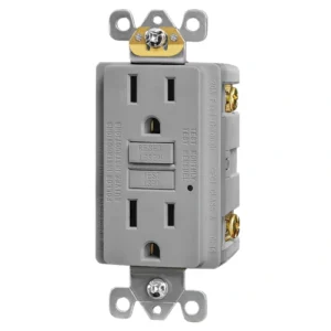 Grey 15 amp self-test GFCI receptacle with test and reset buttons