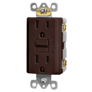 Brown standard GFCI outlet for older dark-finish commercial interiors