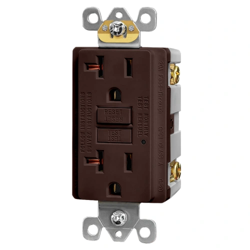 Brown 20 amp duplex GFCI receptacle with test and reset buttons, suitable for matching wood grain or dark finishes.