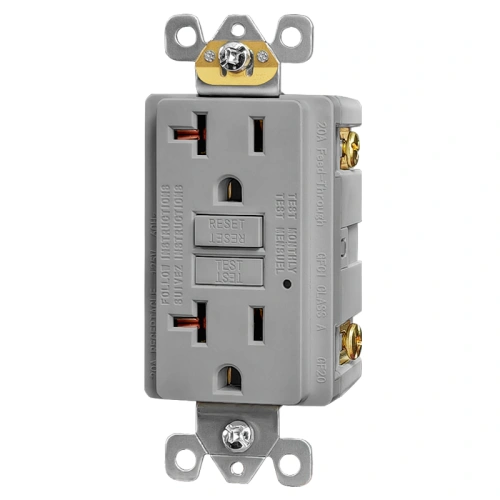 Grey commercial 20A GFCI outlet with test and reset buttons