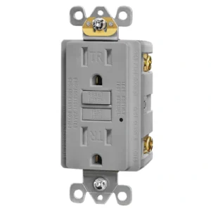 Grey residential GFCI receptacle with test and reset buttons