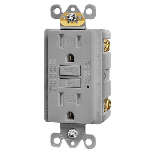 Grey residential GFCI receptacle with test and reset buttons