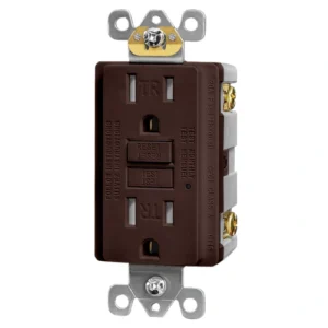 Front view of brown 15A tamper-resistant self-test GFCI outlet showing internal safety shutters