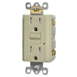 Light almond self-test GFCI outlet for warm-toned interior wall finishes