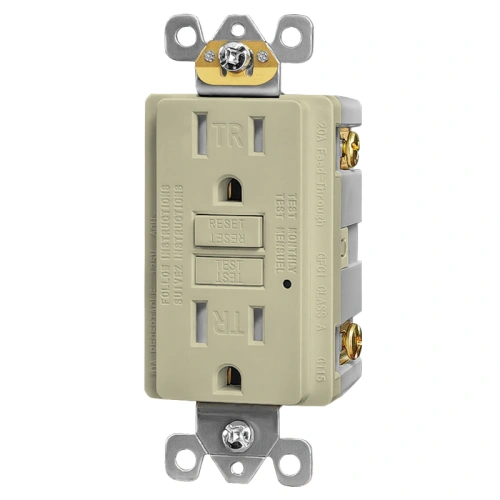 Light almond self-test GFCI outlet for warm-toned interior wall finishes