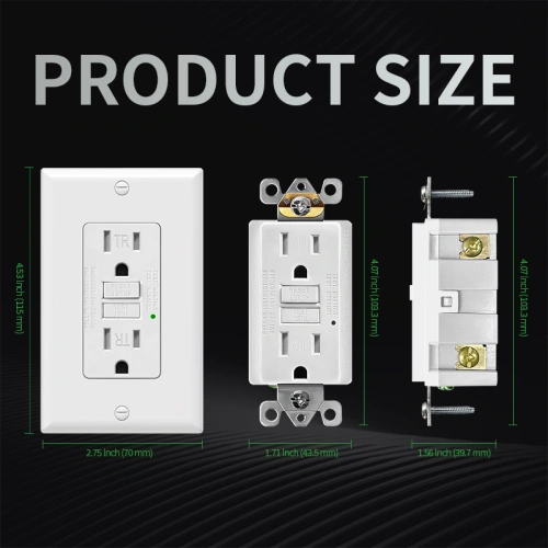 Dimensional drawing of a standard 15A TR GFCI for residential wall box planning