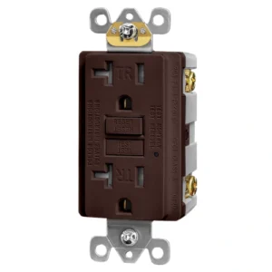 Front view of brown 20A tamper-resistant GFCI receptacle highlighting the NEMA 5-20R T-slot and safety shutters