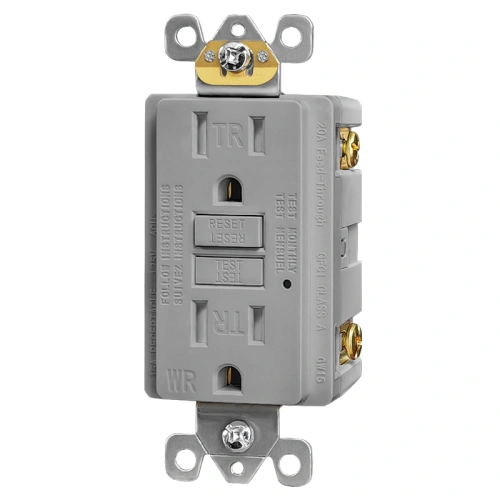 Grey residential WR TR GFCI receptacle for harsh-weather exterior use