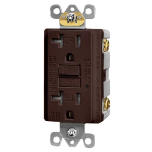 Front view of brown 20A weather-resistant GFCI receptacle showing the WR mark and NEMA 5-20R T-slot