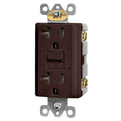 Front view of brown 20A weather-resistant GFCI receptacle showing the WR mark and NEMA 5-20R T-slot