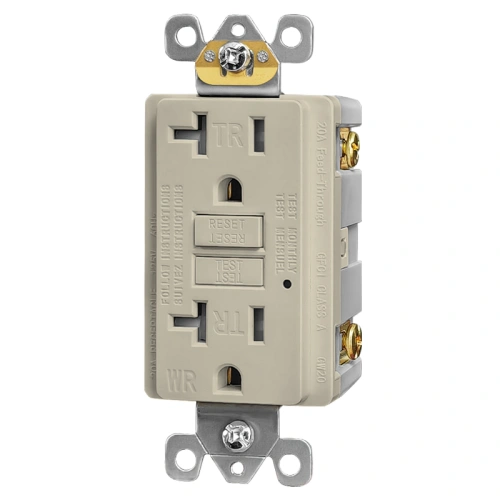 Light almond outdoor self-test GFCI for exterior siding and trim coordination
