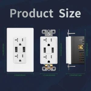 Dimensional drawing of a 20A 5.0A USB receptacle for electrical box fit reference