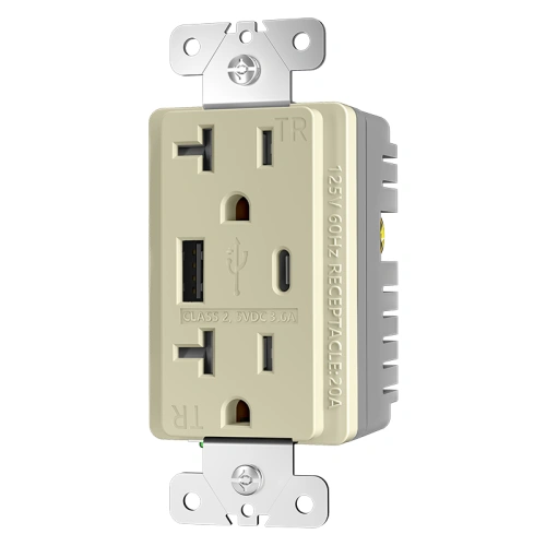 Ivory 20 amp USB-A and USB-C receptacle with tamper resistant shutters