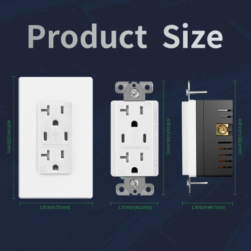 Dimensional drawing of a 20 amp dual USB-C receptacle for standard electrical box installation