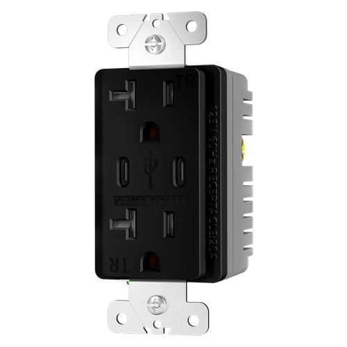 Black tamper resistant 20A dual USB-C outlet for indoor commercial installations
