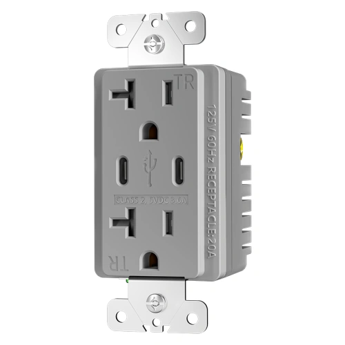 Grey 20A dual USB-C receptacle for kitchen and workspace wall installations