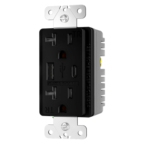 Black 20A tamper resistant USB Type A/C outlet for indoor wall installations