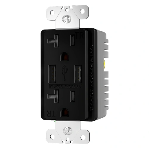 Black 20A tamper resistant USB outlet for indoor wall installations