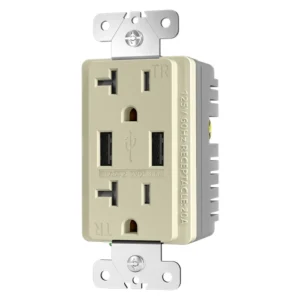 Ivory 20 amp USB charging receptacle with tamper resistant shutters