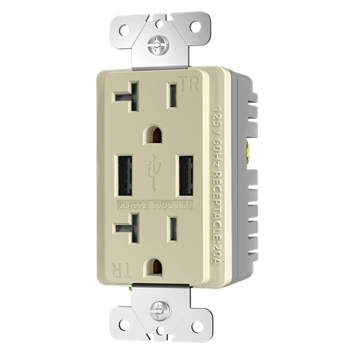 Ivory 20 amp USB charging receptacle with tamper resistant shutters