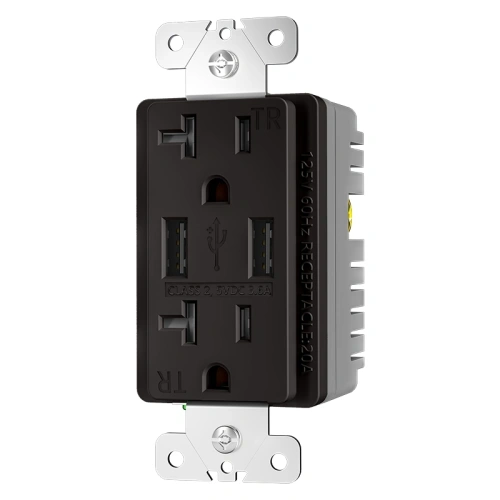 Brown 20 amp USB wall outlet with built-in dual USB charging