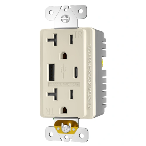 Light almond NEMA 5-20R USB-A and USB-C outlet with 5V 5.0A total output