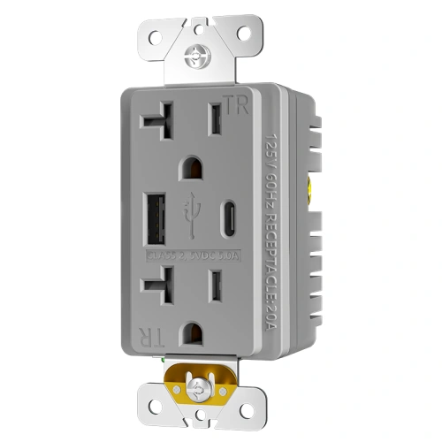 Black tamper resistant 20 amp combination USB outlet for indoor commercial installations
