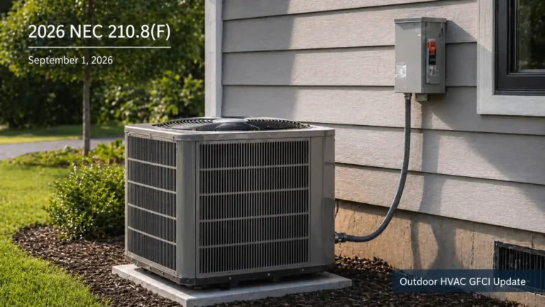 Outdoor HVAC condenser with electrical disconnect illustrating 2026 NEC 210.8(F) GFCI protection update