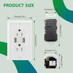 Dimensional drawing of a 15A tamper-resistant USB GFCI for standard wall box planning