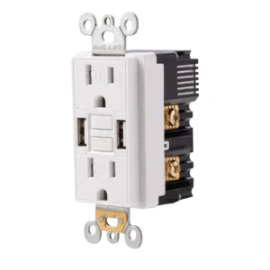 Front view of white 15A USB GFCI receptacle showing dual USB-A ports and self-test buttons